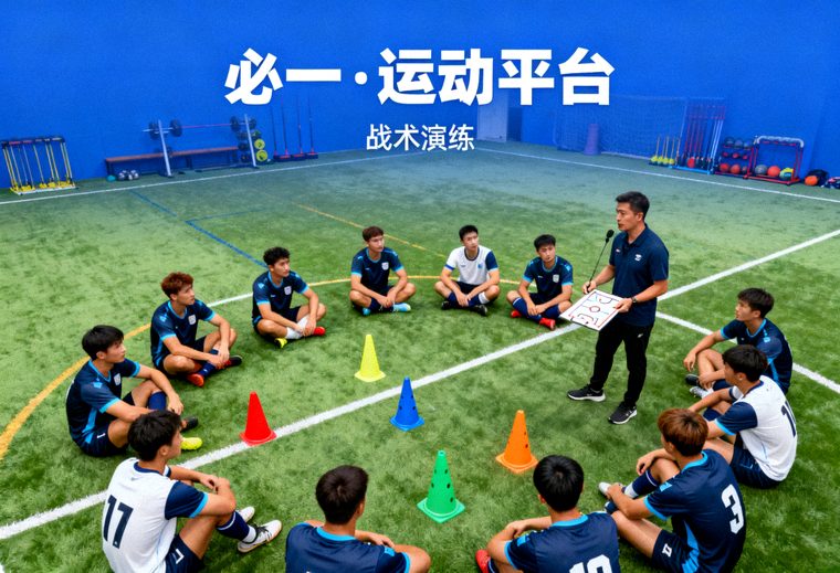 必一·运动平台介绍页中球队在训练场进行战术演练的场景